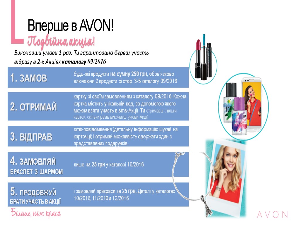Вперше в AVON! Виконавши умови 1 раз, Ти гарантовано береш участь відразу в 2-х